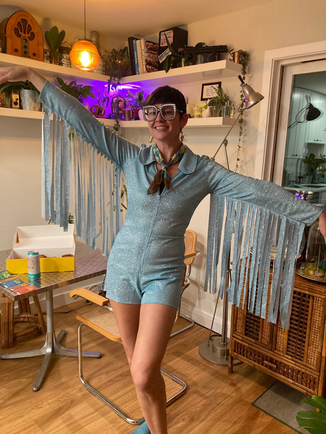 Customer photo review of Glitter Fringe Romper in Sky Blue