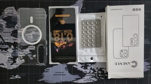 Reviewer's photo of the clear Magsafe case for Galaxy S24 Plus, its packaging, and accessories.