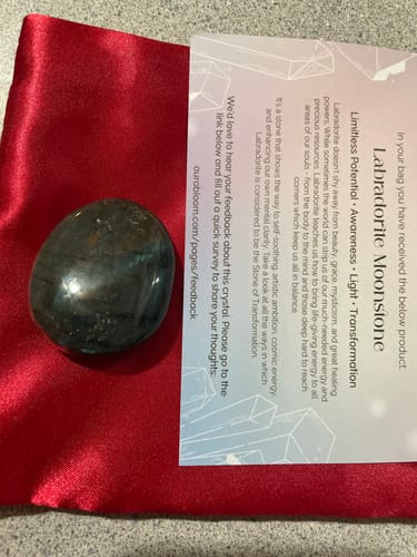 Customer's monthly crystal, a dark Labradorite Moonstone, shown with its red pouch and information card.
