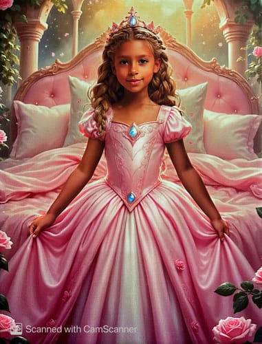 Customer's 'Sleeping Beauty’s Enchanted Slumber' portrait showing a young person as a princess in a lovely pink gown.