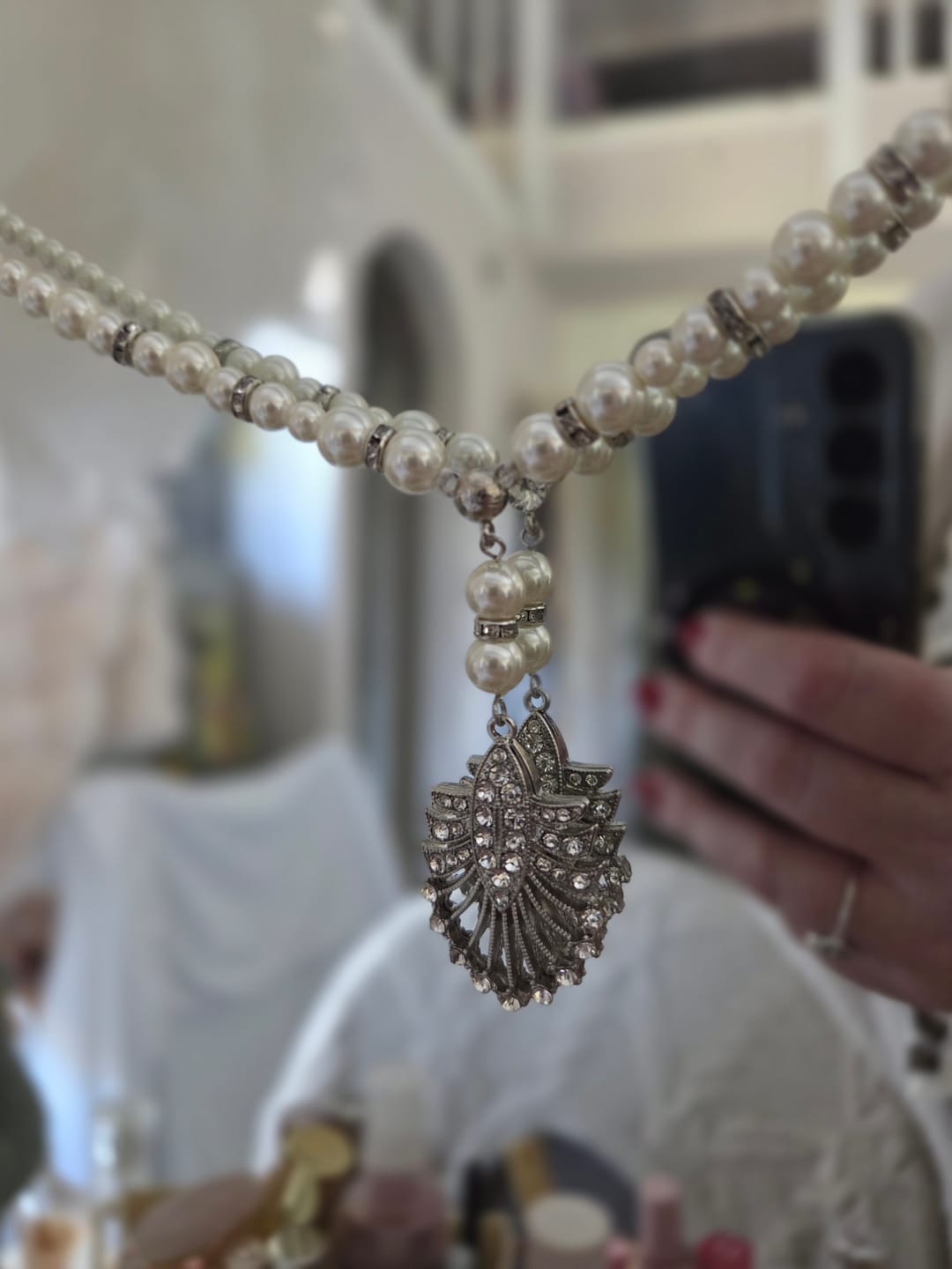 Customer photo review of Deco Pearl Beaded Tassel Necklace: Art Deco Pendant Necklace