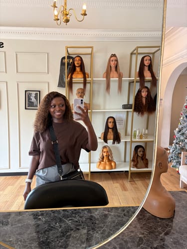 Customer photo review of Clearance: The Solange Double Drawn Highlighted Curly Wig