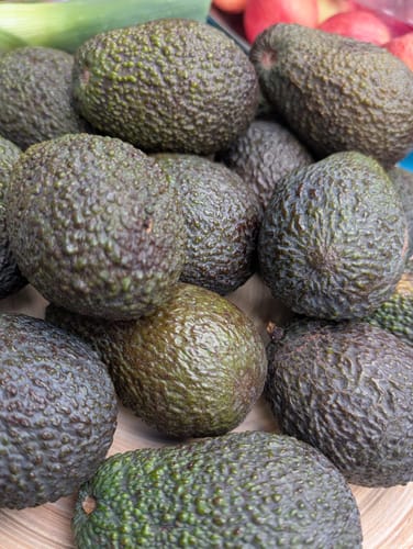 Kunde zeigt einen Haufen frischer, dunkler Bio Hass Avocados.