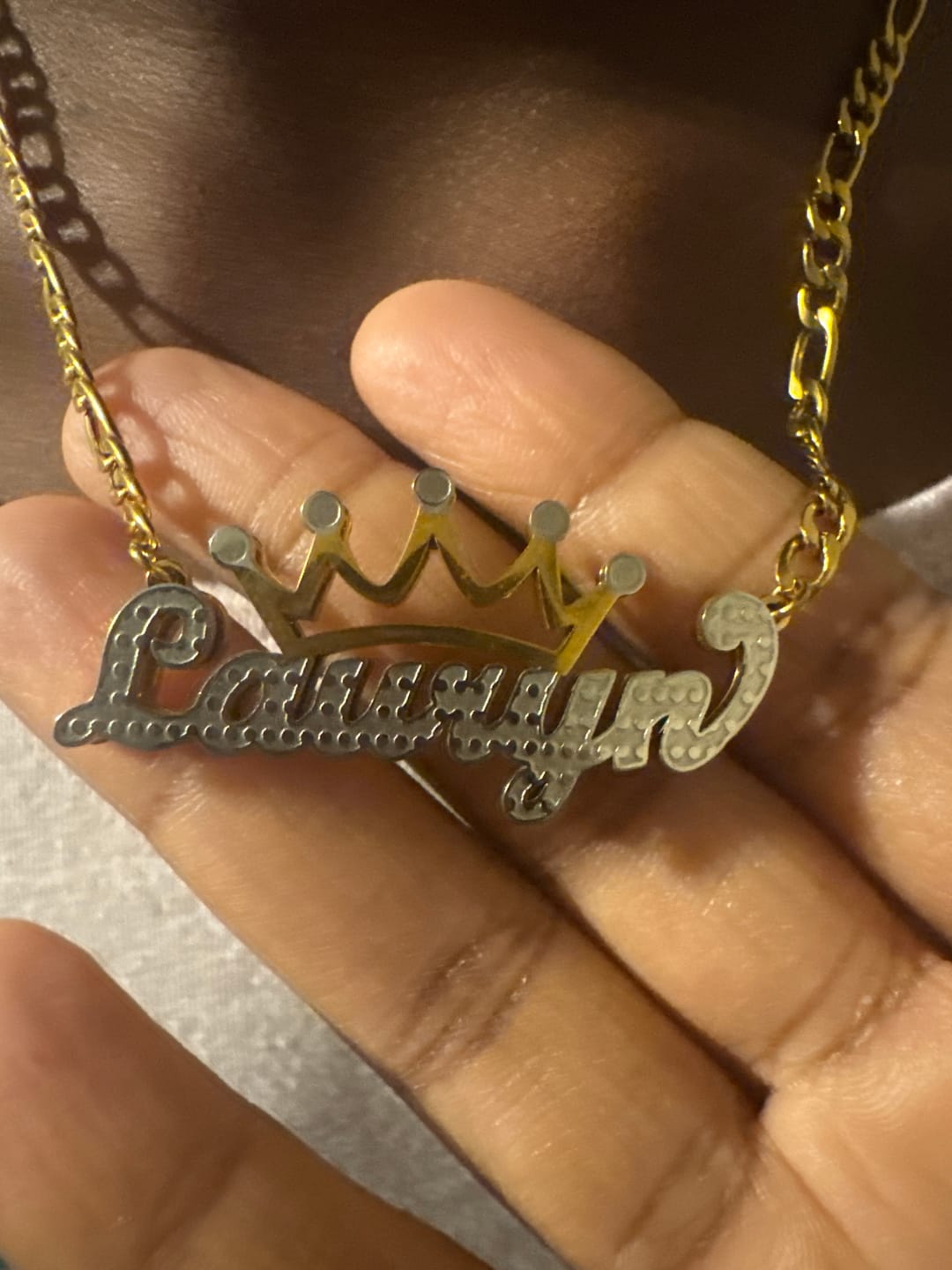 Customer photo review of Kids Double Plated Crown Name Necklace w/ Figaro Chain