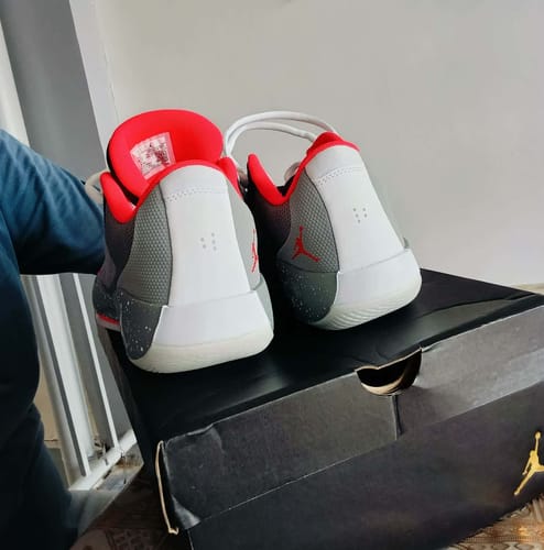 Reviewer holding the Jordan Luka .77 PF shoes, showing the grey and white heels with bright red lining.