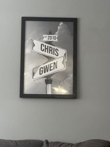 Customer's personalized street sign canvas showing names 'Chris' and 'Gwen' and 'EST. 2010', framed and on a wall.