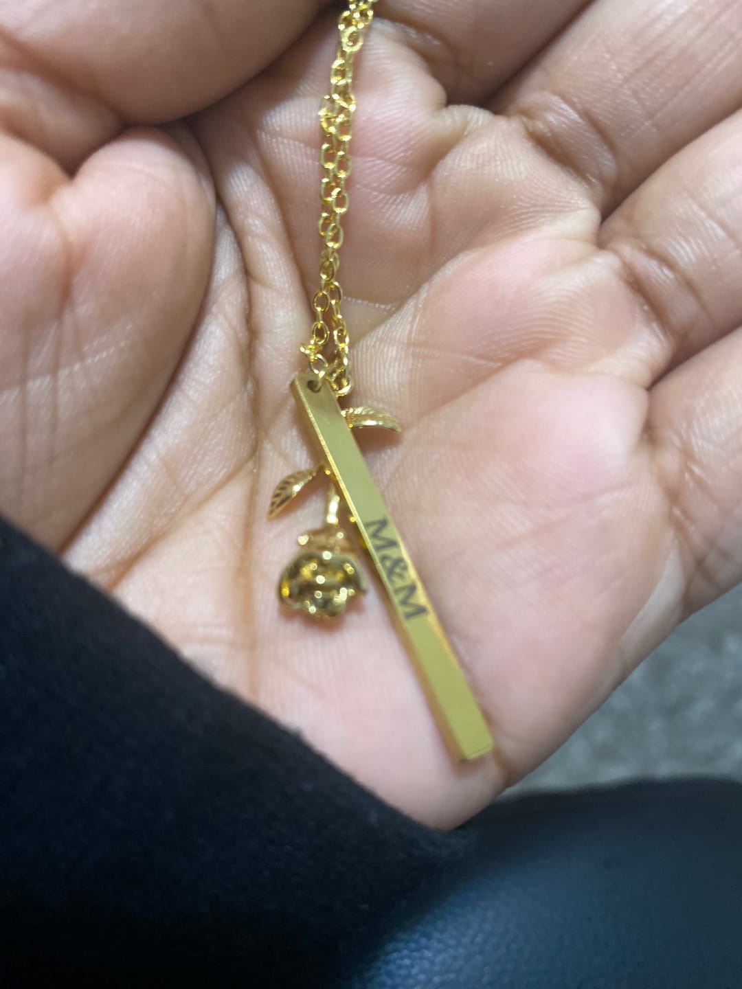 Customer photo review of Engraved Rose Bar Necklace