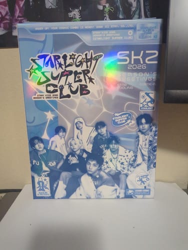 Customer's blue box for the STRAY KIDS 2026 SEASON'S GREETINGS, showing the holographic logo and group photo.