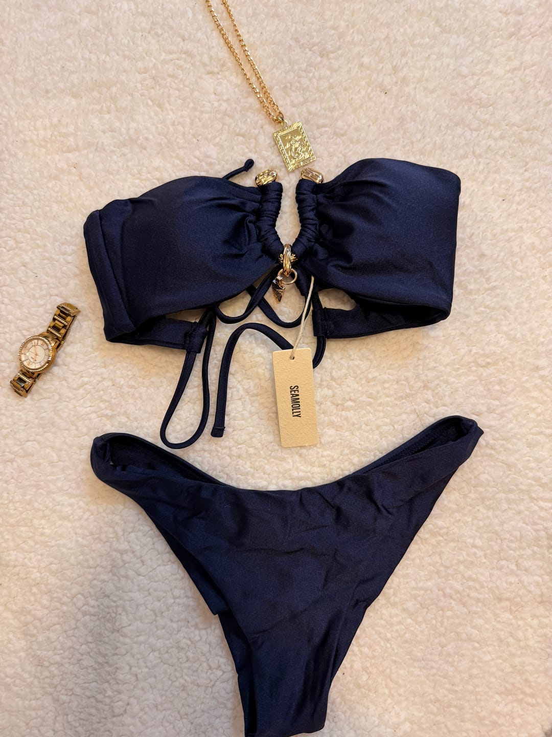 Customer photo review of Seamolly Vintage Ruched U-ring Metal Tied Back Bandeau Top & Brazilian Bottom Bikini Set