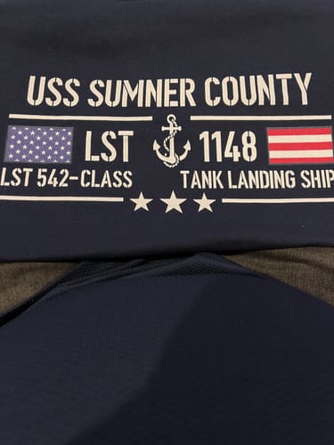 Customer's navy blue "Your Command" t-shirt with a custom graphic for the USS Sumner County LST 1148.