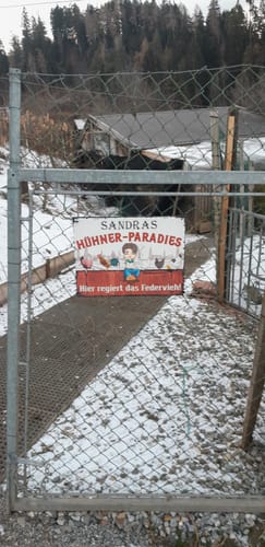 Kundenrezension: Personalisiertes Gartenschild mit Hühner-Motiv, das an einem Gartenzaun im Schnee befestigt ist.