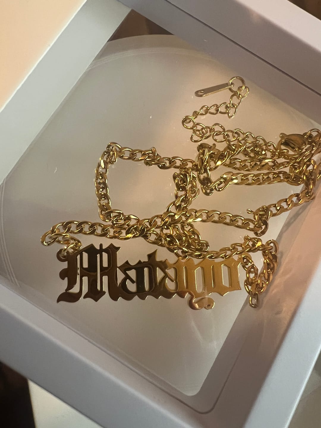 Customer photo review of Kids Gothic Name Necklace w/ Cuban Chain