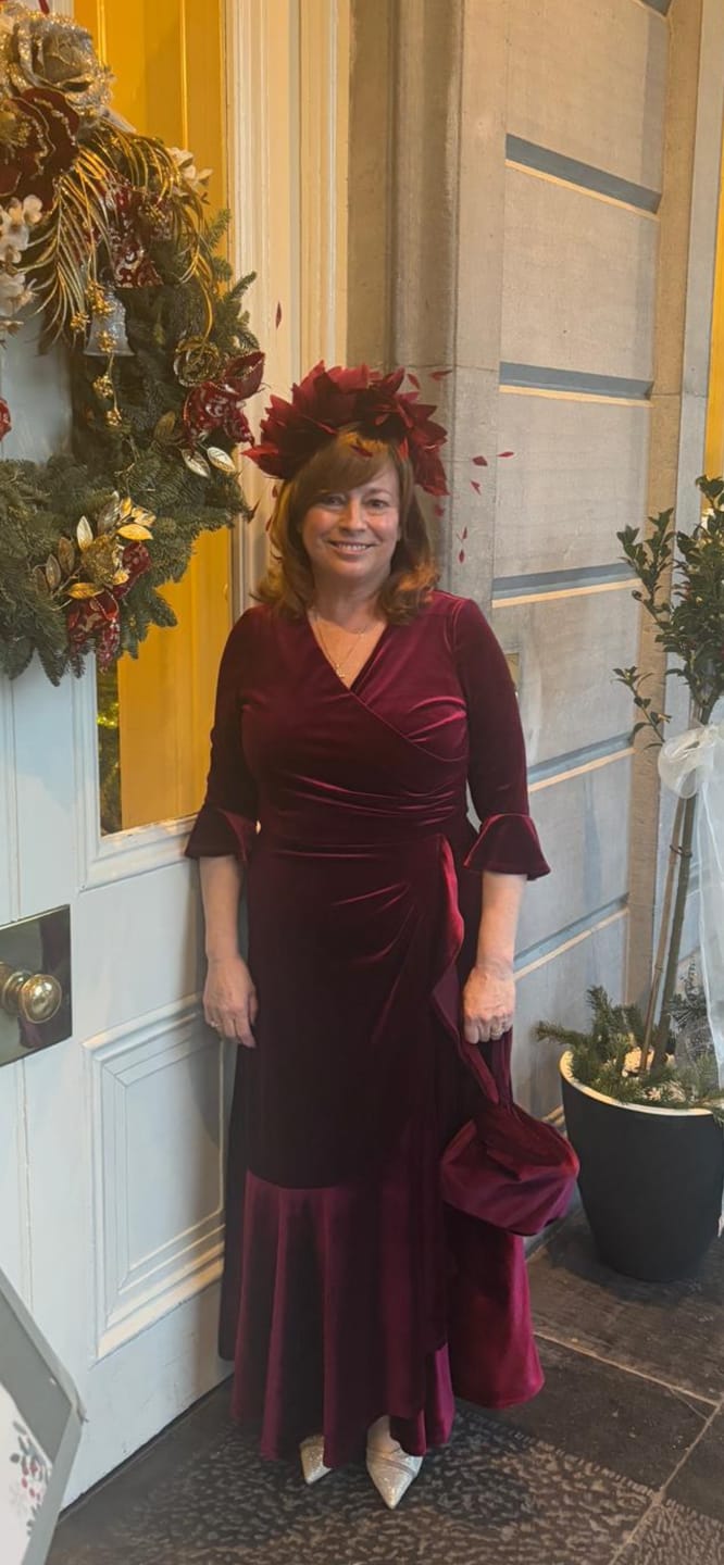 Customer photo review of 'Stevie' Luxe Velvet Ruffle Dress in Wine