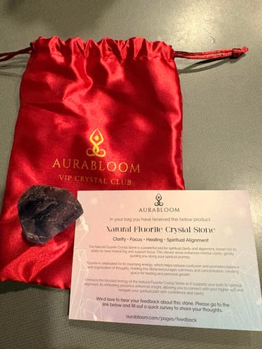 Reviewer's chunky fluorite crystal from the VIP Crystal Club, shown with its red pouch and an information card.
