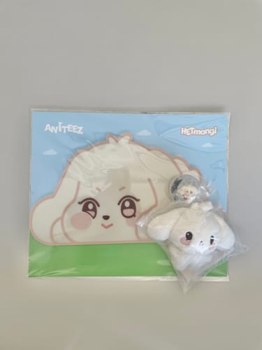 Customer's HETmongi ANITEEZ plush doll and matching character merchandise, still in the original plastic packaging.