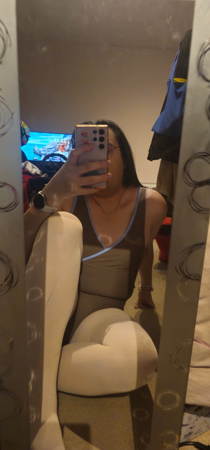 Customer photo review of Women's Marseille Wrap Front Leotard - Mocha / River Blue