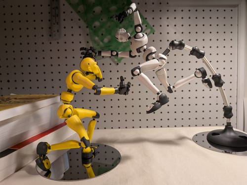Customer's yellow and white Stickybones figures set in a dynamic action pose using the Fly-Rig 2.0.