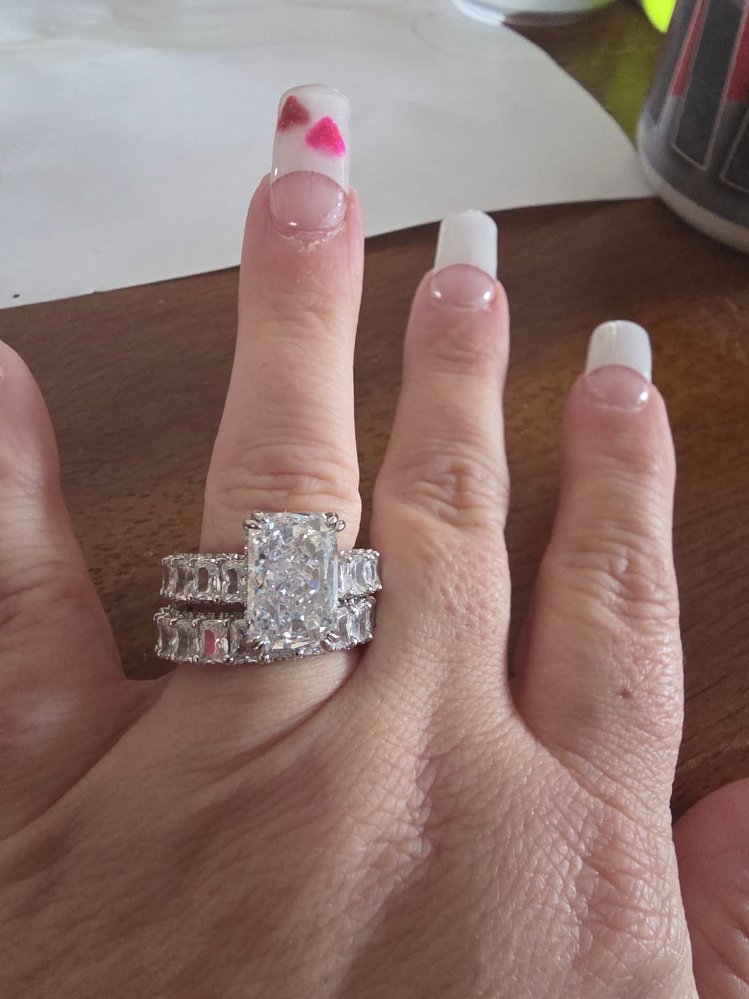 Customer photo review of Glistening-hued Radiant Cut 5.0ct Pave 925 Sterling Silver Wedding Ring Set