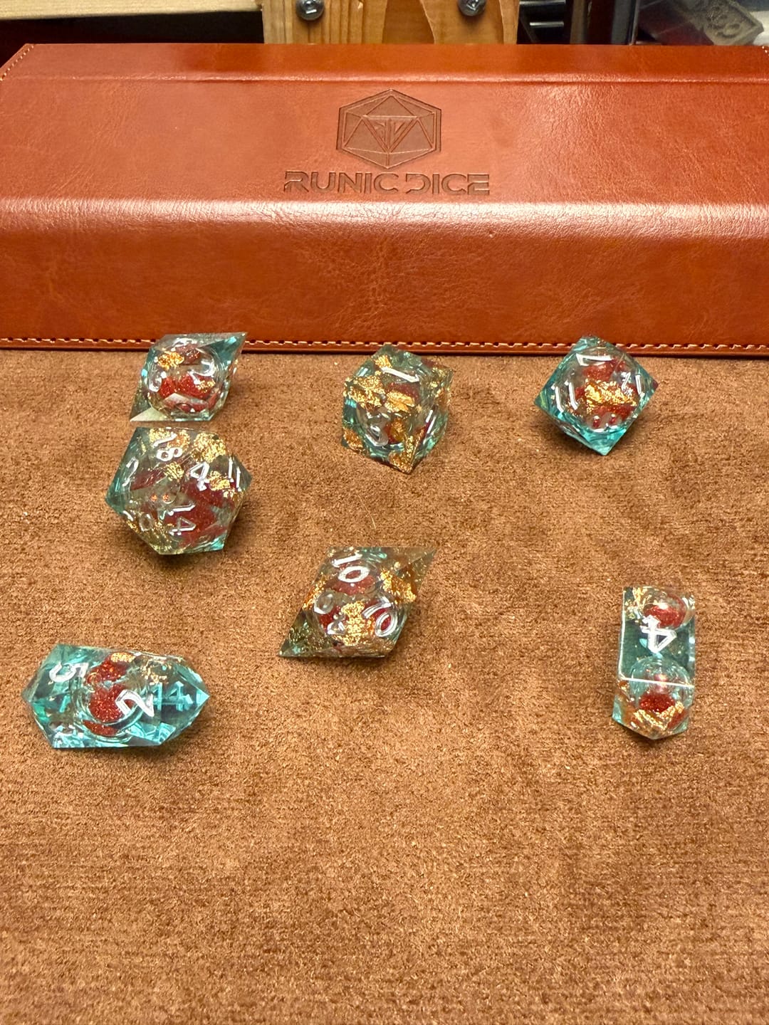 Customer photo review of Red And Gold Glitter Liquid Core Handmade Resin DND Dice Set