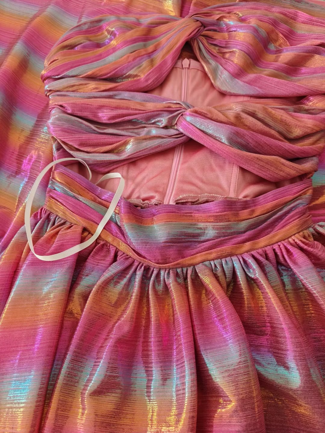 Customer photo review of Strapless Multicolor Cut-out Metallic Long Dress with Slit