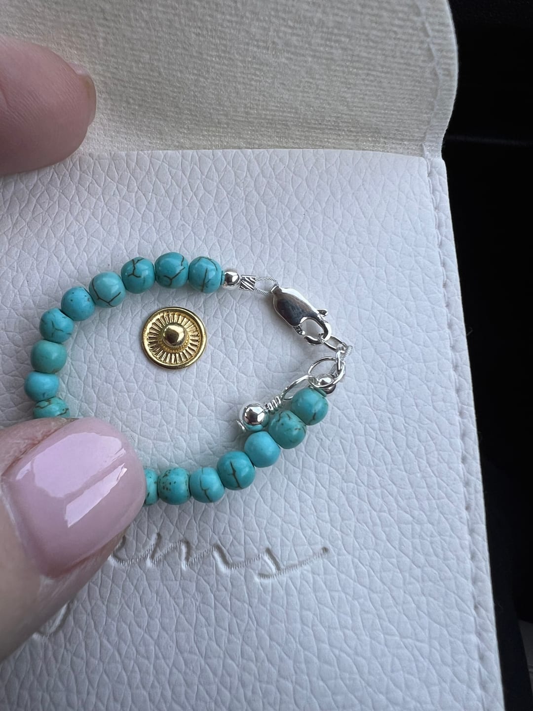 Customer photo review of Turquoise Baby Bracelet (4MM beads)