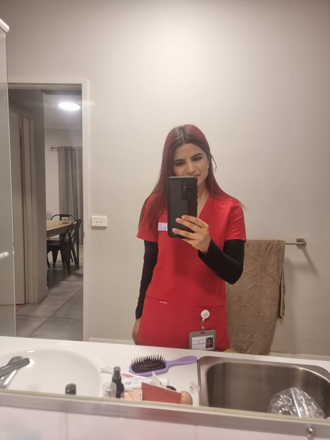 Customer photo review of ELIZABETH Two Pocket Scrub Top (Original SLTECH™ fabric) - Rouge Red - CLEARANCE