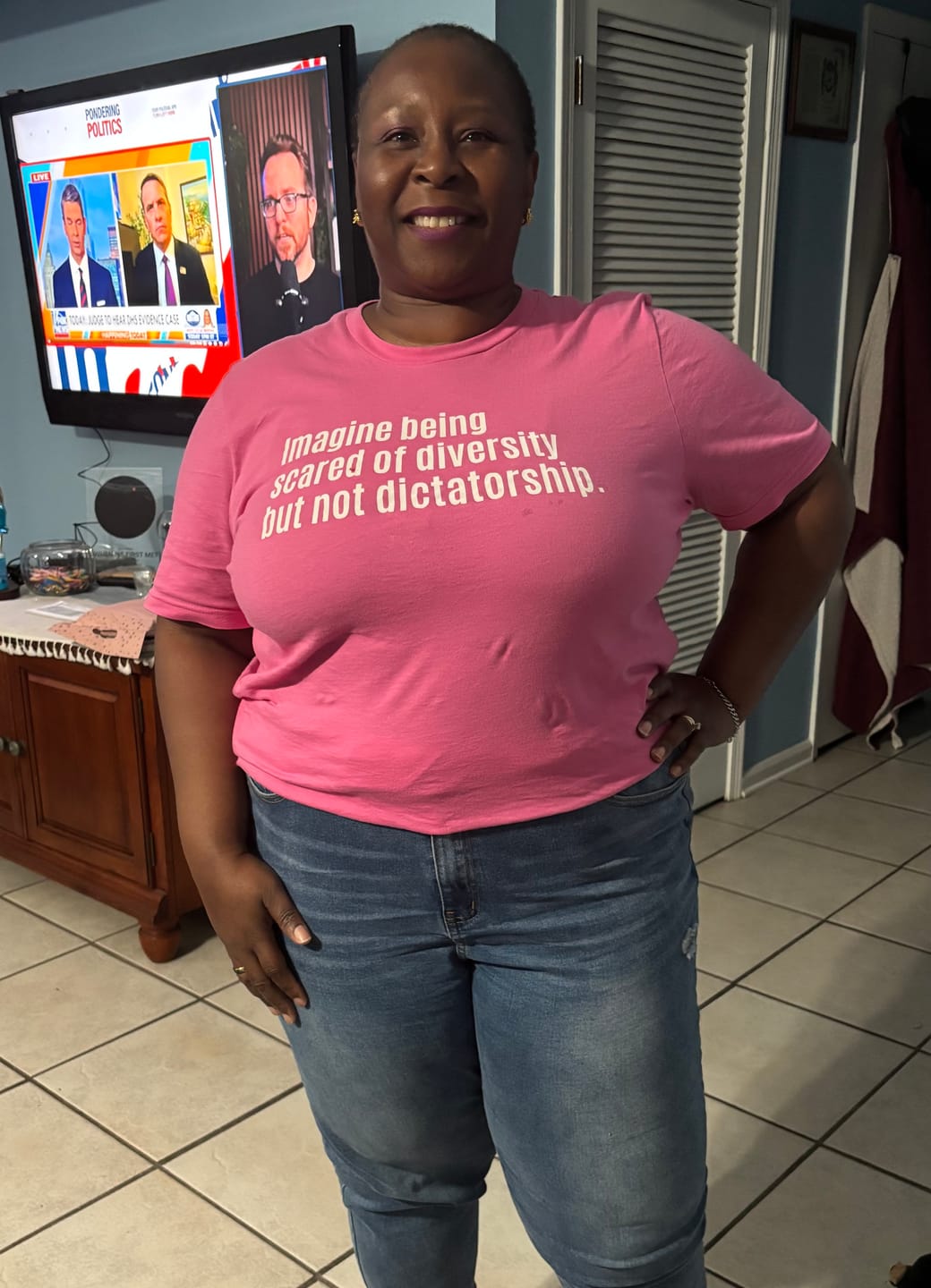 Customer photo review of Imagine Being Scared of Diversity But Not Dictatorship Unisex Tee