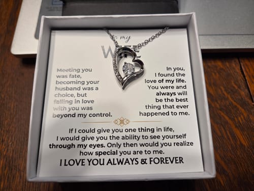 Customer's 'To My Wife' gift set showing the forever love necklace and heartfelt message card in the open box.