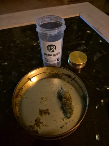 Reviewer's Banana Runtz THCA flower bud in a metal grinder lid next to the plastic product container.