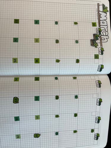 A reviewer's March calendar layout in a journal, decorated with cute, green stickers from the Cozy Plants Journal Pack.