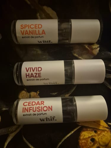 Reviewer's Spiced Vanilla perfume rollerball shown with Vivid Haze and Cedar Infusion bottles.