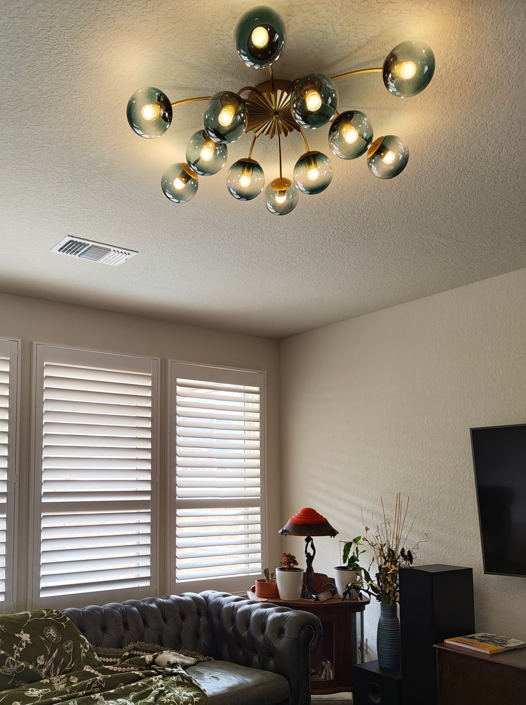Customer photo review of Glam Bloom 12-Light Blue Glass Bubble Semi Flush Chandelier