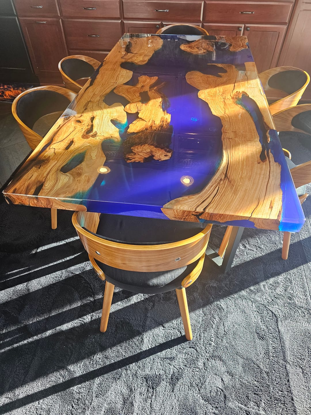 Customer photo review of Custom Link for Eric – Natural Burl LED Table - 72×36 - Square Edge - Semi-transparent Blue Resin Glossy Finish Epoxy Table