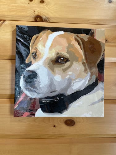 Customer's completed painting of their dog, created using the personalized paint by numbers kit.