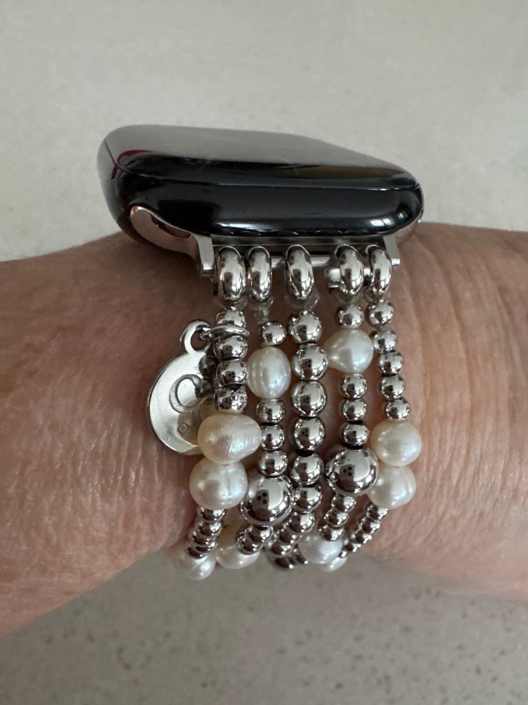 Customer photo review of Shimmering Pearl Stretch Apple Watch Strap