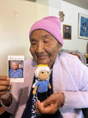 Customer photo review of Dolly® Personalized Crochet Doll with Photo Card