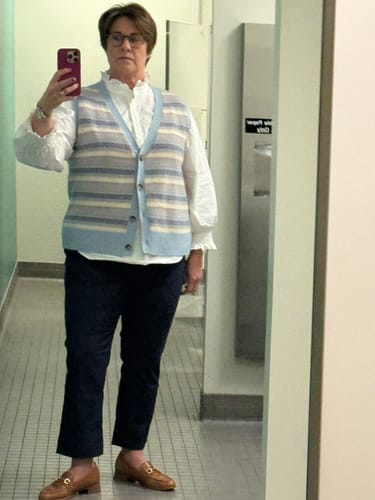 Customer photo review of Brand New Baby Blue and Shell Pink Fair Isle Luxury Cashmere V Neck Waistcoat Extra Large UK 20-22