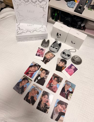 Reviewer's STRAY KIDS album set, including character speakers, boxes, and multiple photocards laid out on a white surface.