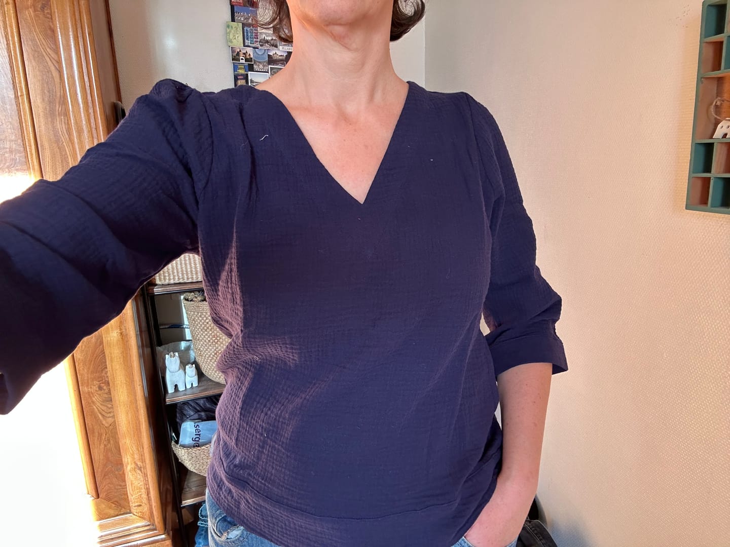 Customer photo review of Blouse Eulalie col V - manches 3/4 - double gaze de coton bleu nuit