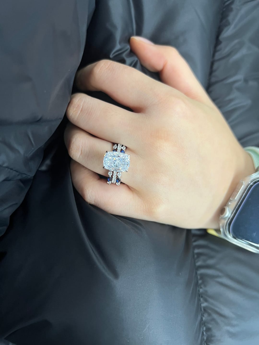 Customer photo review of S925 6.5Ct Cushion Cut Insert Wedding Ring Set With Unique White & Blue/Red Stone Engagement Ring Enhancer