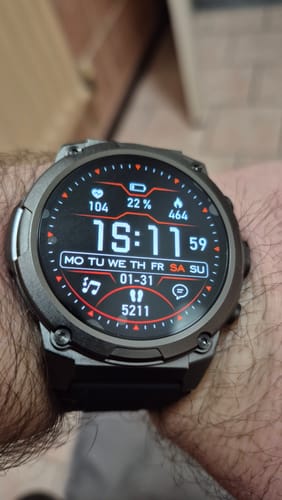 Customer's dark Gard Pro Ultra 3 smartwatch on their wrist, with the digital face showing 22% battery life remaining.