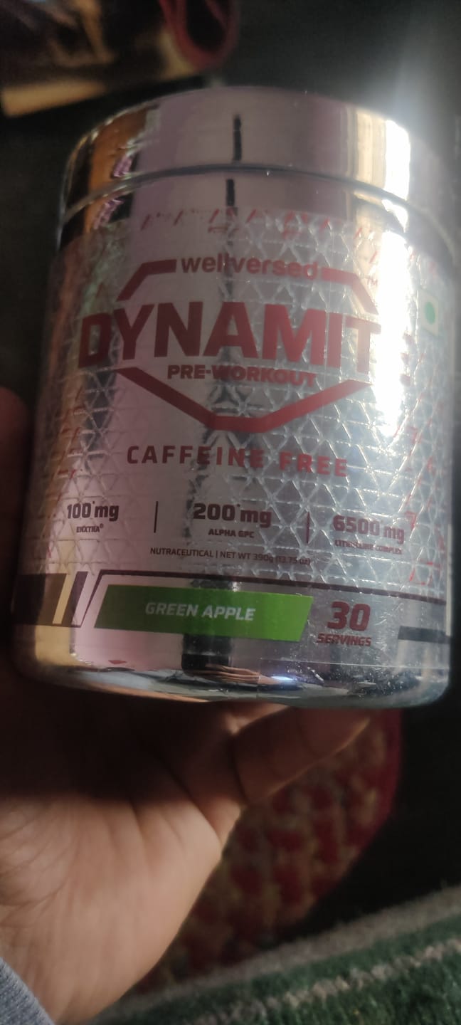 Customer photo review of Dynamite Pre-Workout Caffeine Free (390g, 30 Servs) | Green Apple