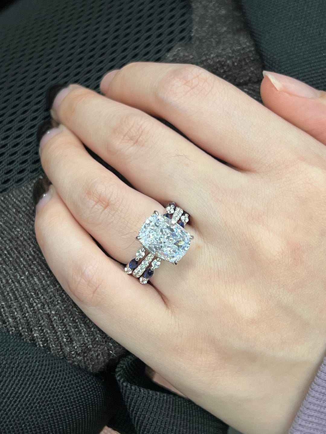 Customer photo review of S925 6.5Ct Cushion Cut Insert Wedding Ring Set With Unique White & Blue/Red Stone Engagement Ring Enhancer