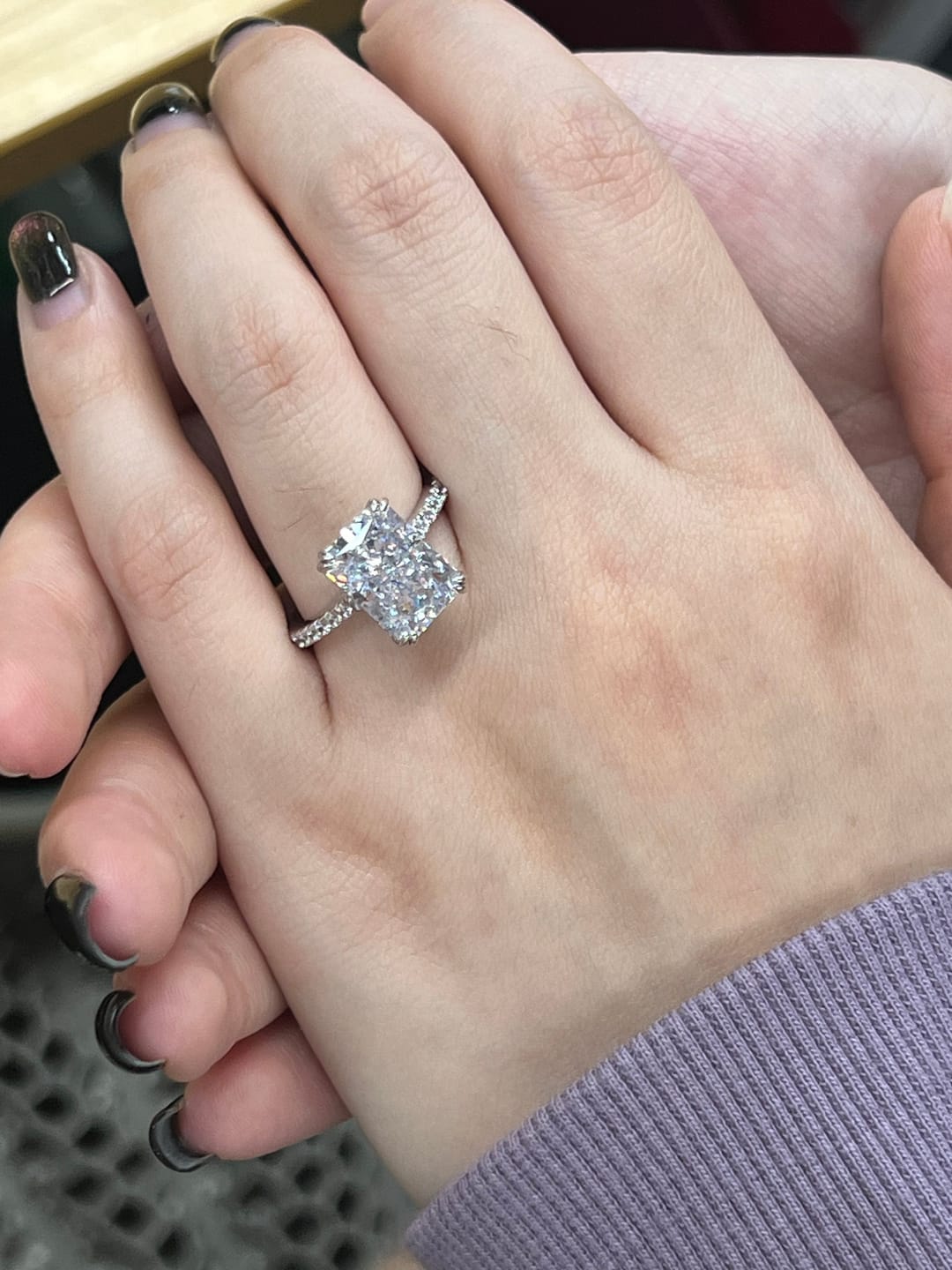 Customer photo review of S925 4.5Ct Radiant Cut Engagement Ring Moissanite/Simulated Diamond Solitaire Stackable Travel Ring For Women