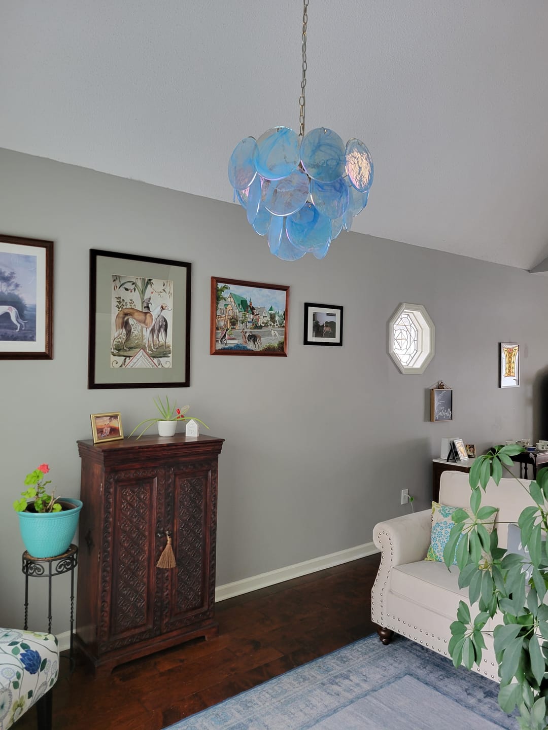 Customer photo review of Glam Blue Iridescent Swirl Glass Round Tiered Chandelier