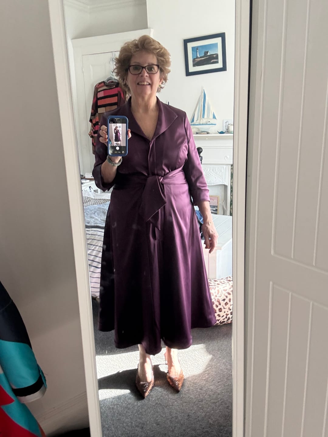 Customer photo review of 'Grace' Plum Stretch Satin Dress
