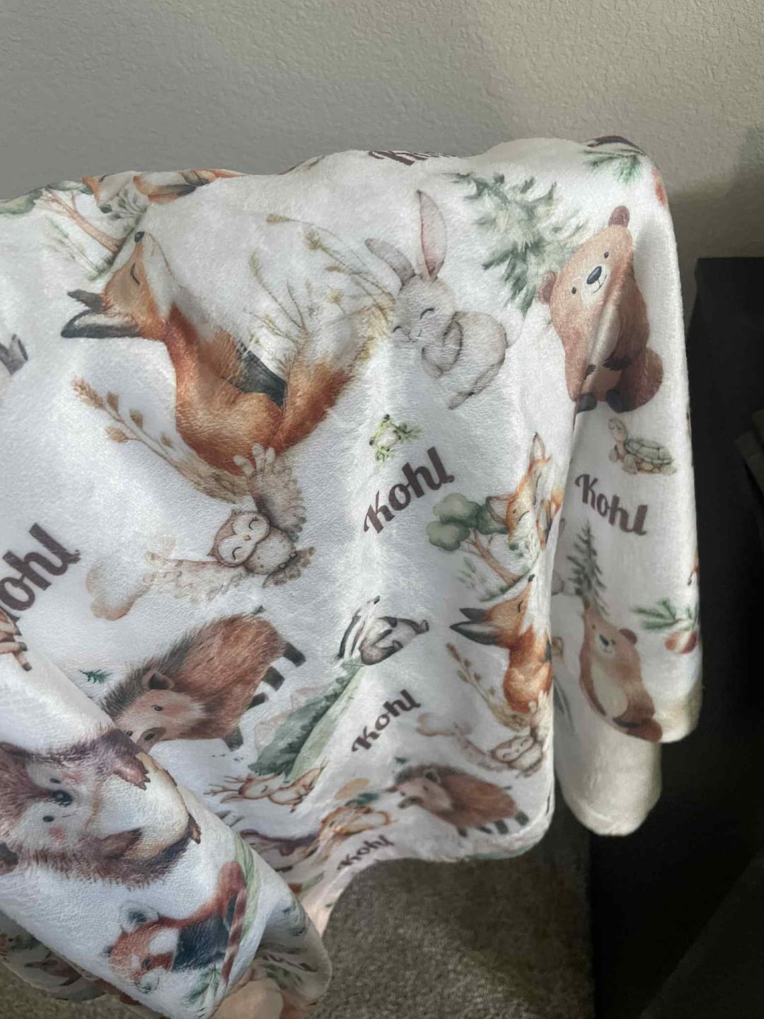 Customer photo review of Sweet woodland animals personalized baby blanket