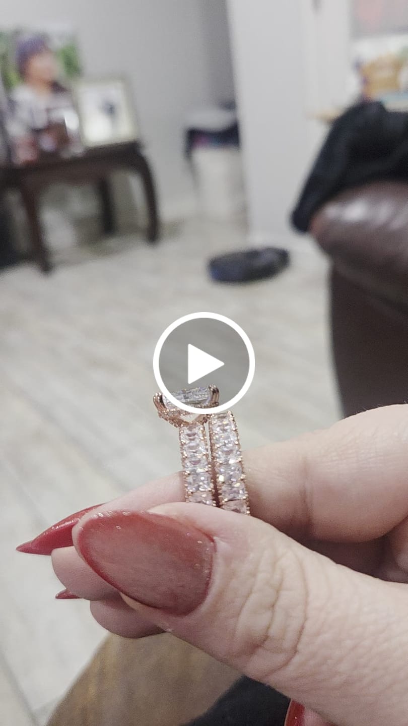 Customer video review of Glistening-hued Radiant Cut 5.0ct Pave 925 Sterling Silver Wedding Ring Set