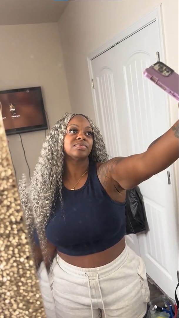 Customer photo review of Luvwin Silver Grey Boho Twist Curly Human Hair Wigs For Black Women
