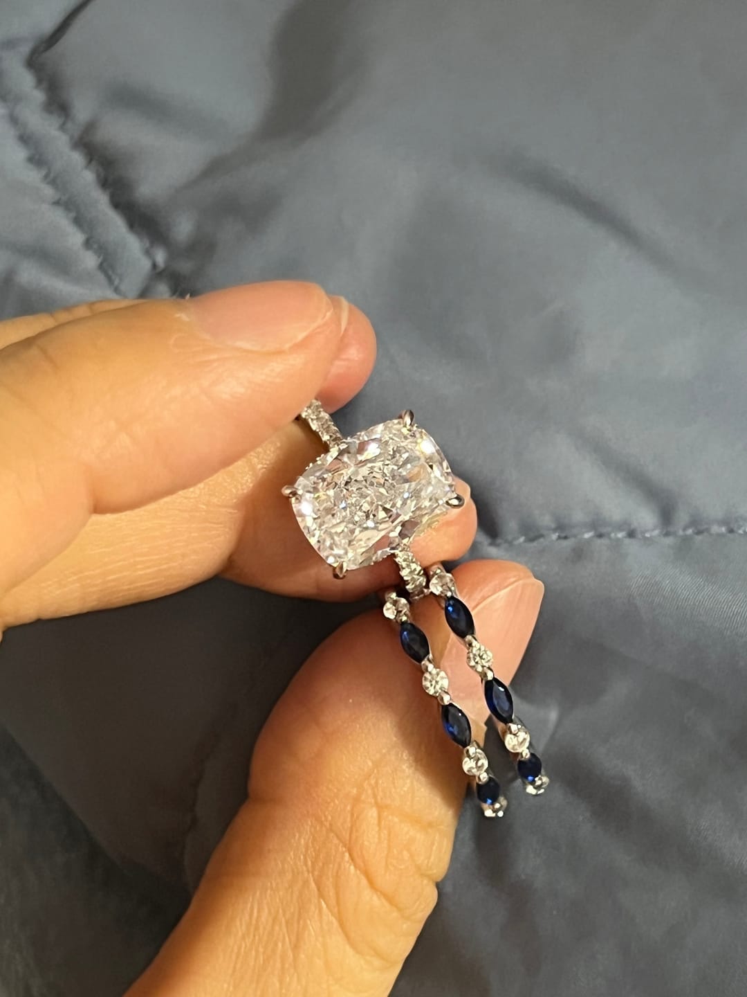 Customer photo review of S925 6.5Ct Cushion Cut Insert Wedding Ring Set With Unique White & Blue/Red Stone Engagement Ring Enhancer